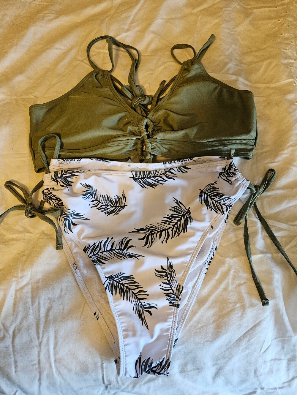 Shein 1XL Green & White Palm Print 2 Piece Bikini Bathing Suit